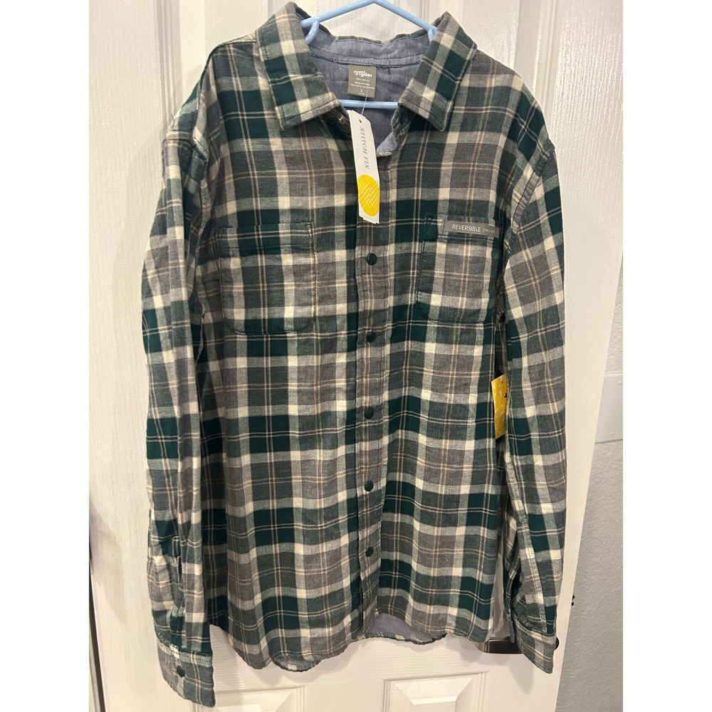 Rumi + Ryder Kids Reversible Plaid Shirt Green Grey Blue Size L 12-14 NWT k7177